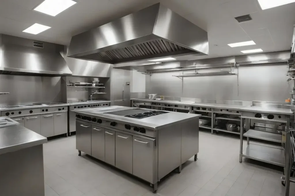 a large commercial kitchen with stainless steel appliances